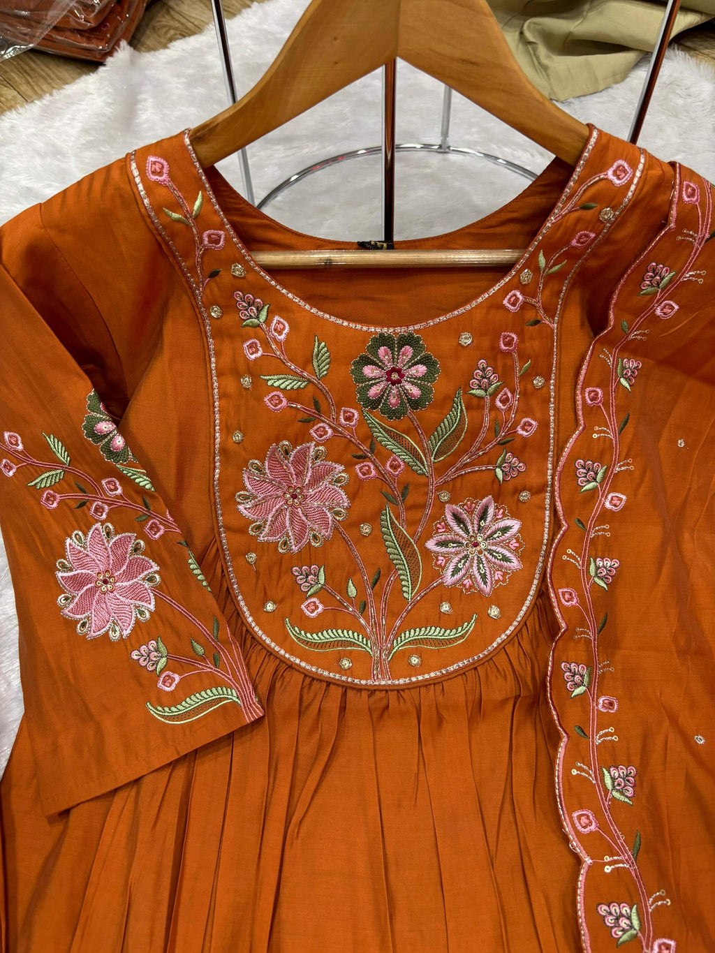 Pramukh Fab Rust Color Viscose Roman Silk Kurta Set