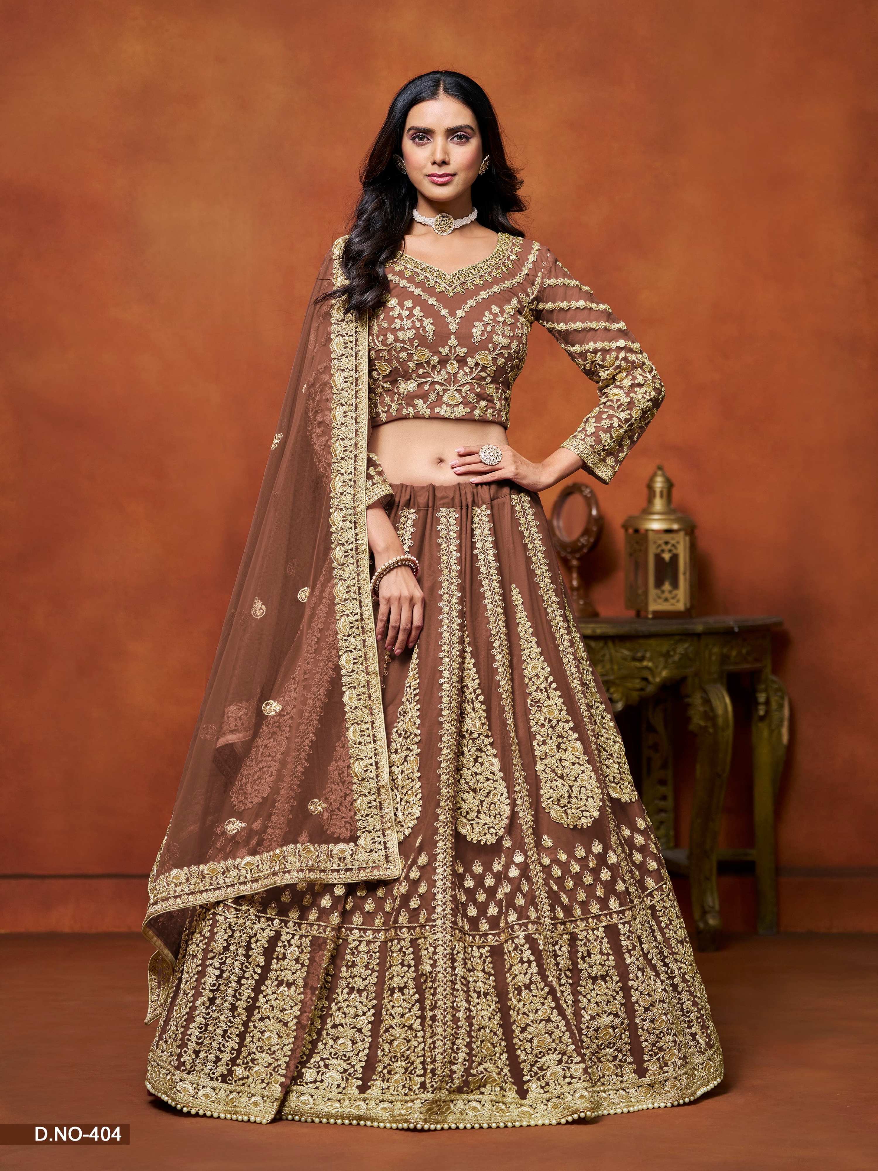 Anaita Brown Embroidered Net Designer Lehenga With Blouse