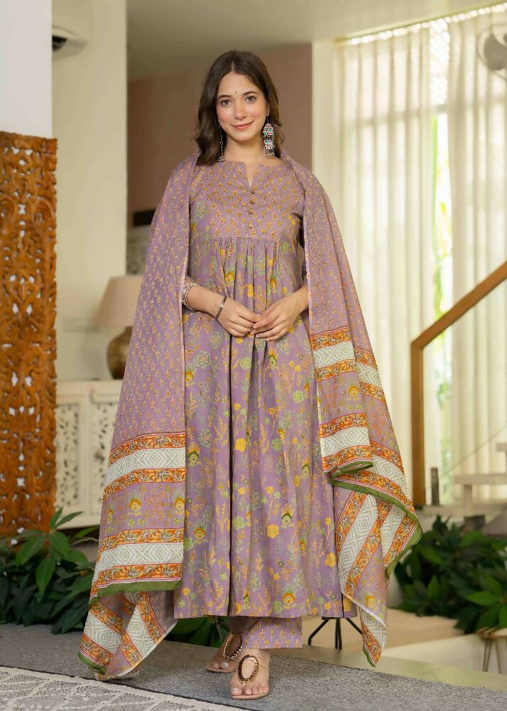 Jaimini Women Cotton Printed Round Neck 3/4 Sleeves Calf Length Flared Kurta Pant And Dupatta Set