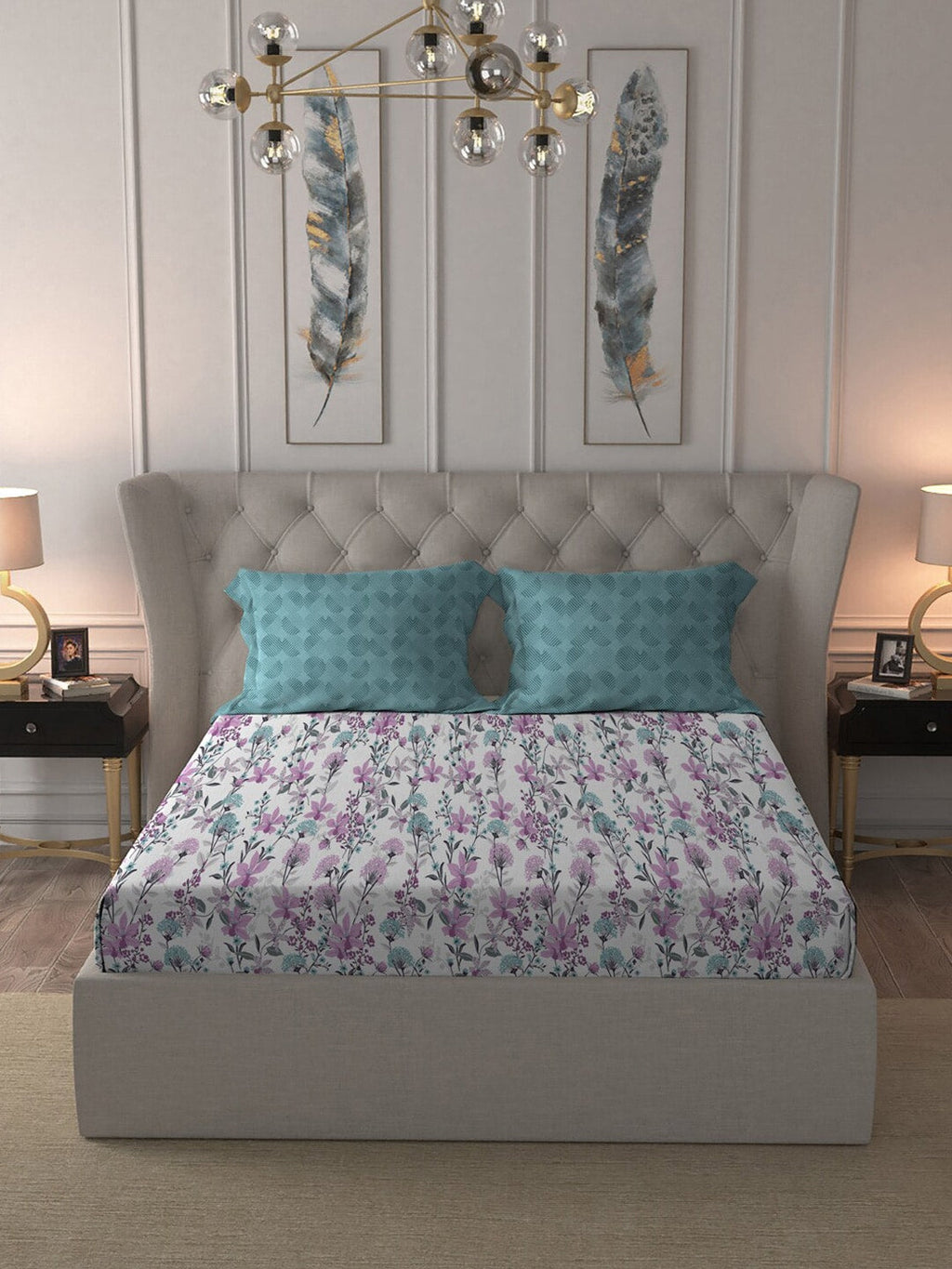 MYTRIDENT Violet White Floral Cotton 144 TC Queen Bedsheet With 2 Pillow Covers