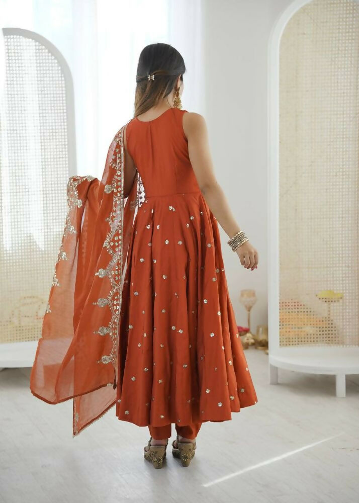 Teeya Creation Orange Color Roman Silk Embroidery Work Party Wear Gown