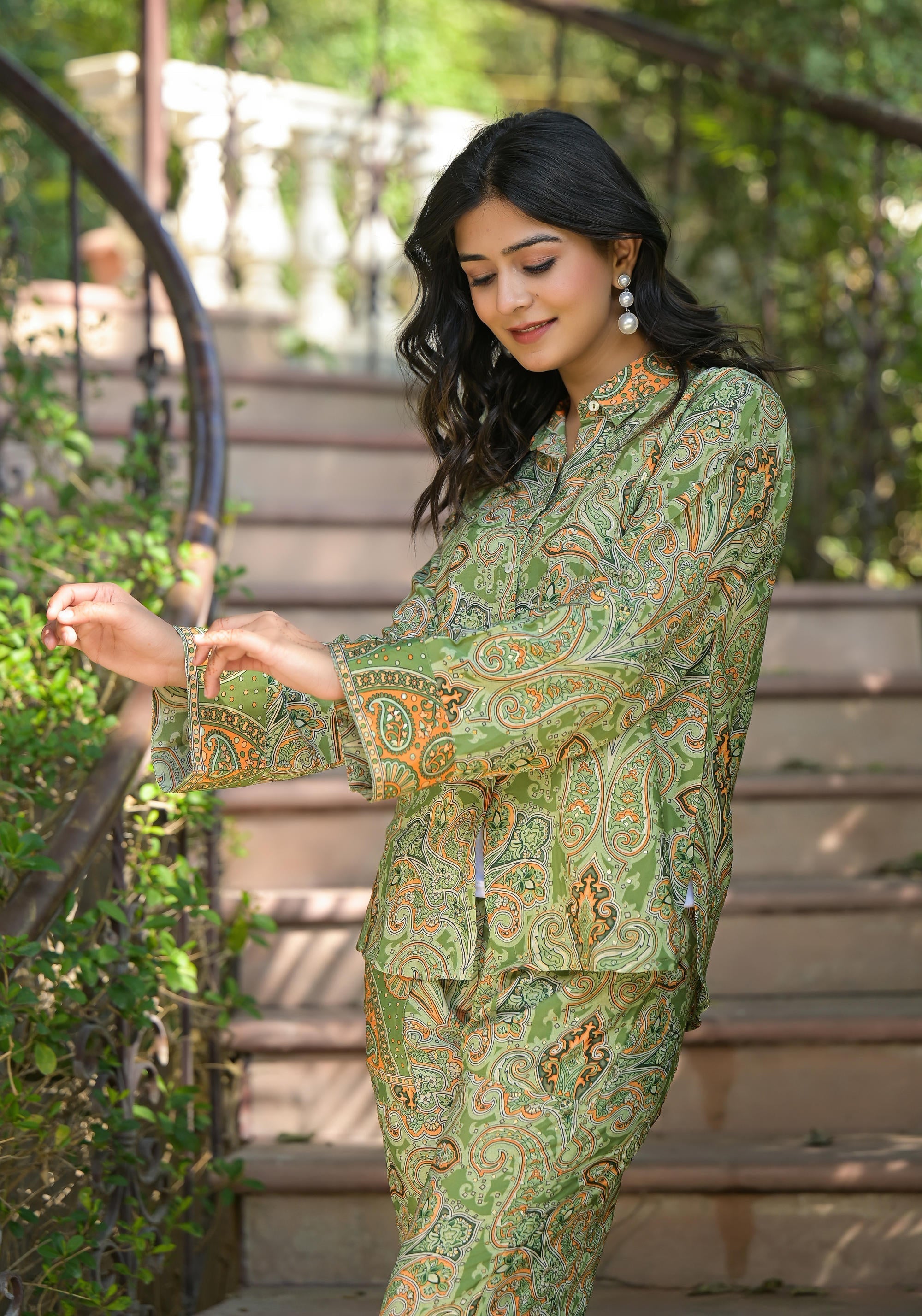 Juniper Green Floral Printed Kasturi Top & Palazzo With Buttons