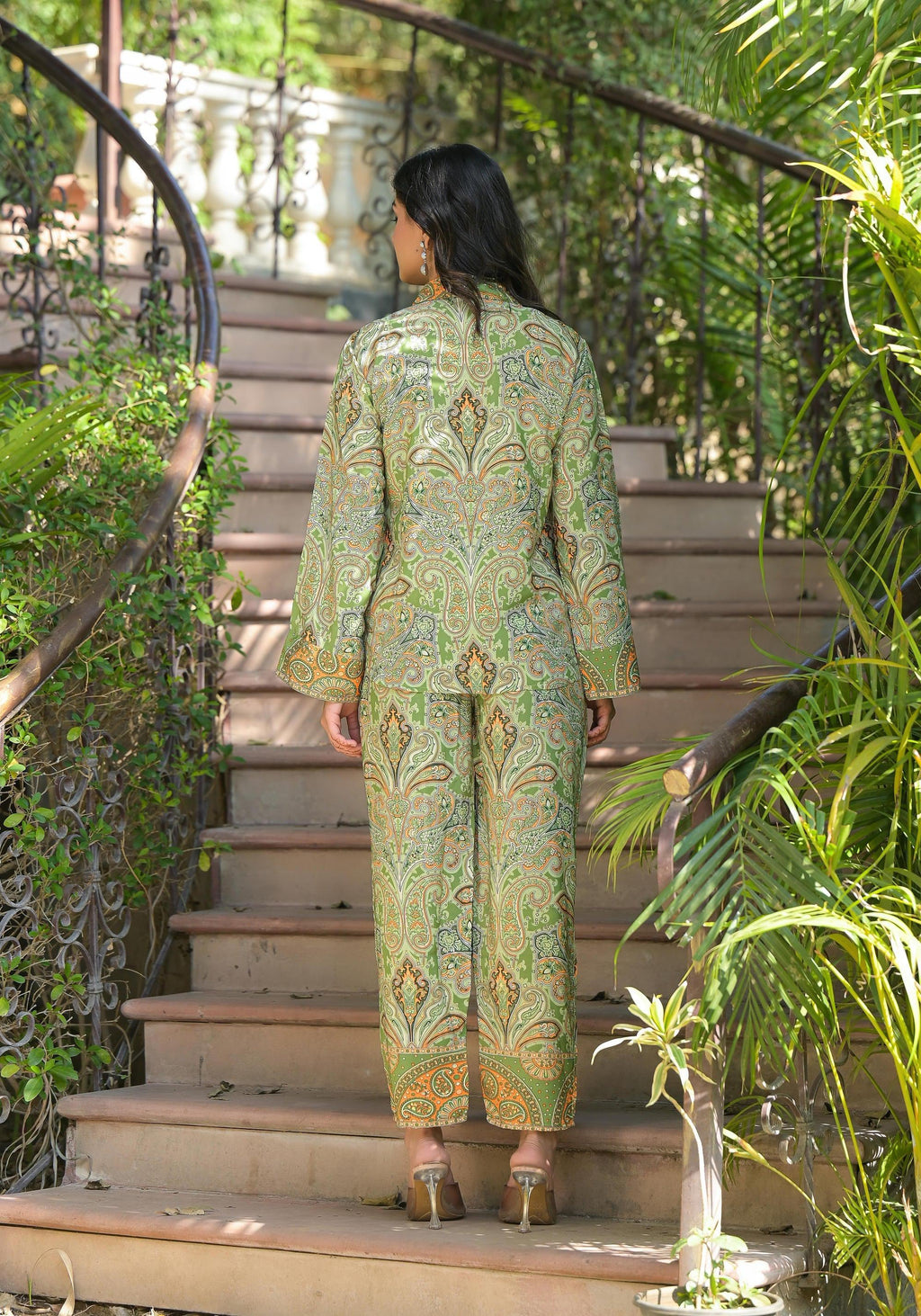 Juniper Green Floral Printed Kasturi Top & Palazzo With Buttons
