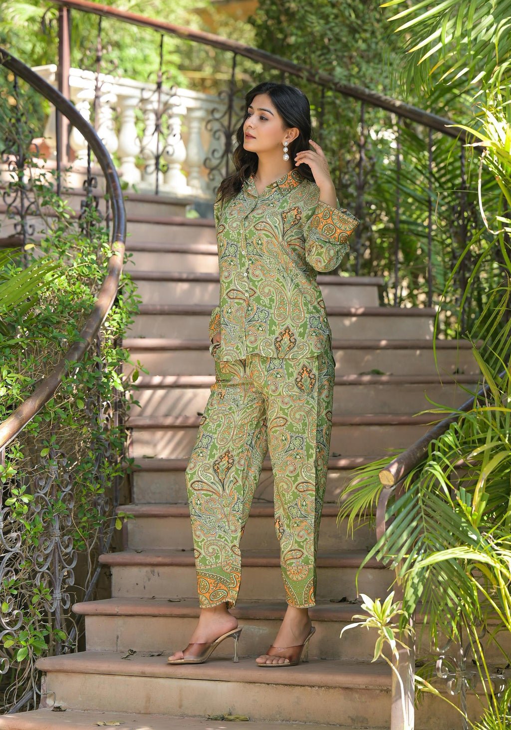 Juniper Green Floral Printed Kasturi Top & Palazzo With Buttons