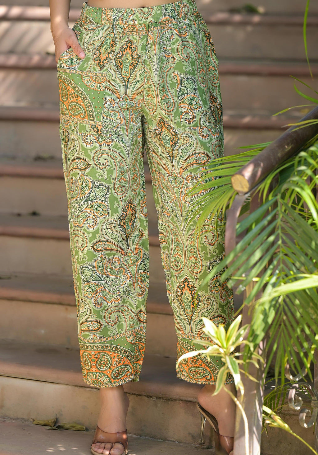 Juniper Green Floral Printed Kasturi Top & Palazzo With Buttons