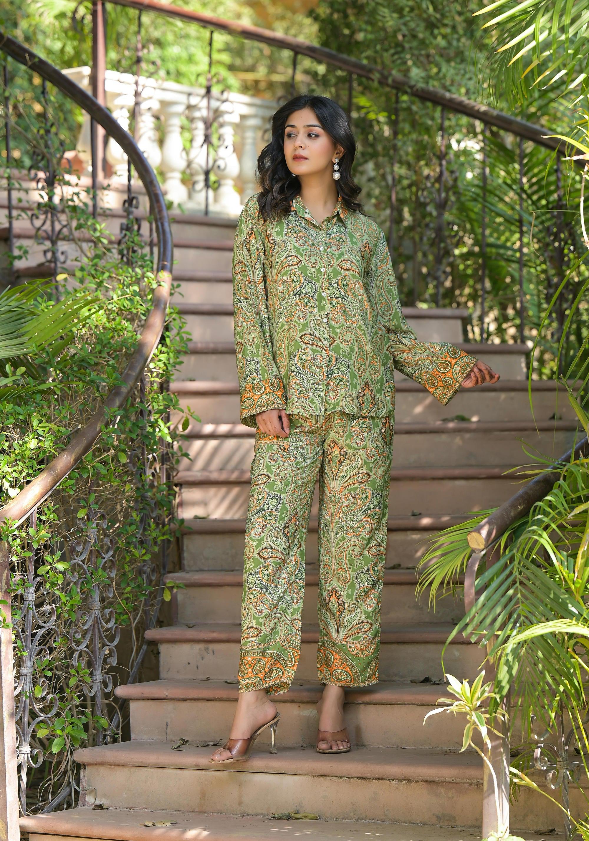Juniper Green Floral Printed Kasturi Top & Palazzo With Buttons