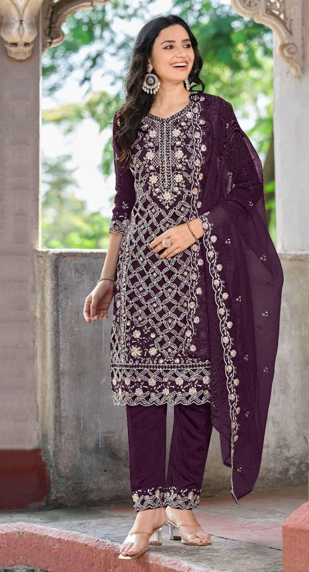Anaita Purple Chiffon Suit With Embroidered Sequence Work