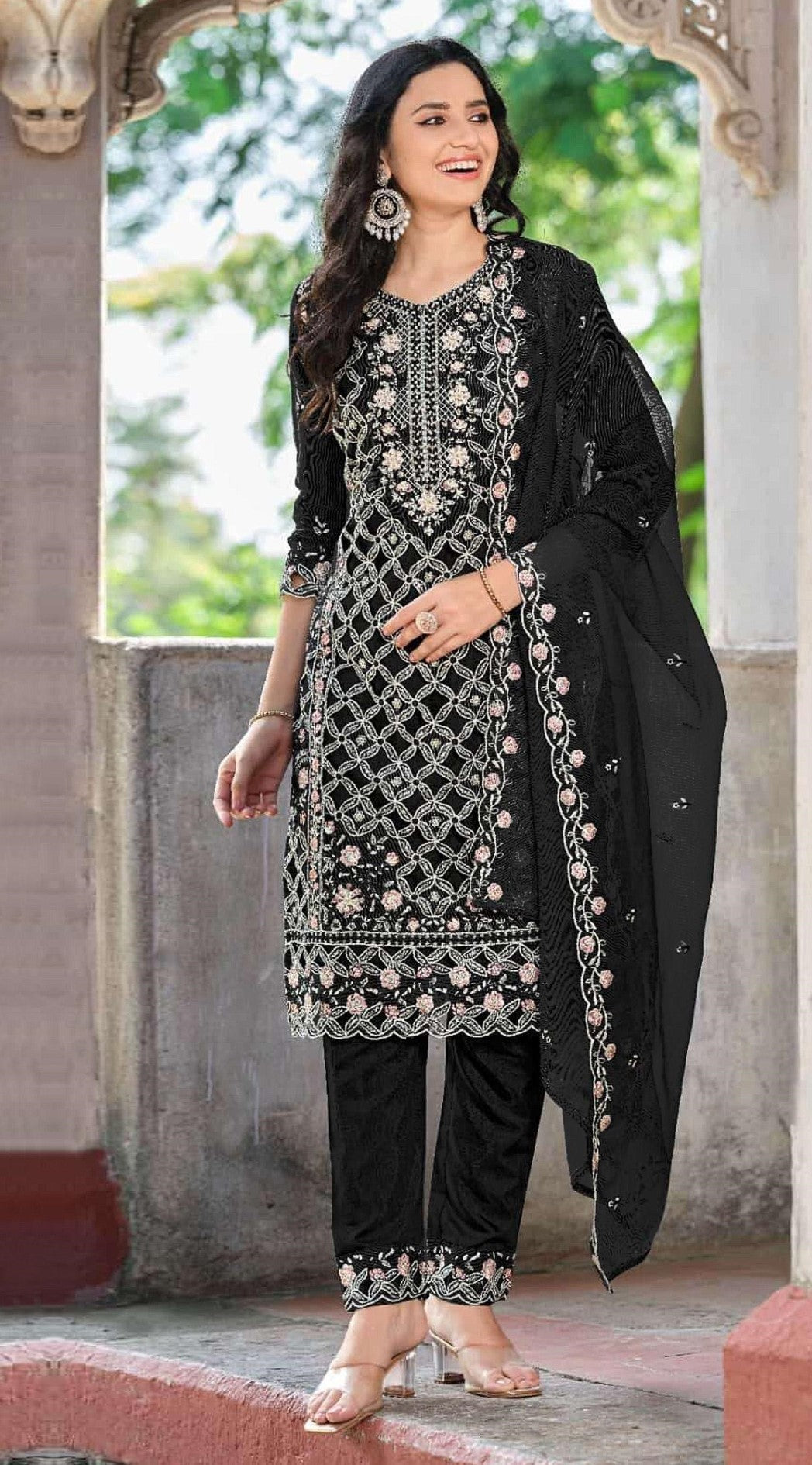 Anaita Black Chiffon Suit With Embroidered Sequence Work