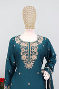 Anaita Teal Chinon Stitched Plazzo Suit with Embroidered & Bearts Work