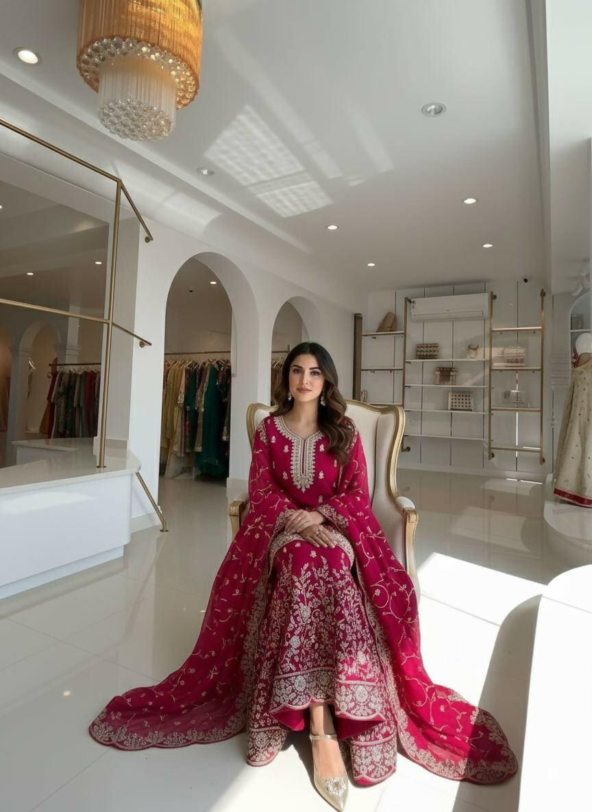 Teeya Creation Rani Pure Silk Gimmy Silk Heavy Embroidery Work Wedding Wear Palazzo Pair