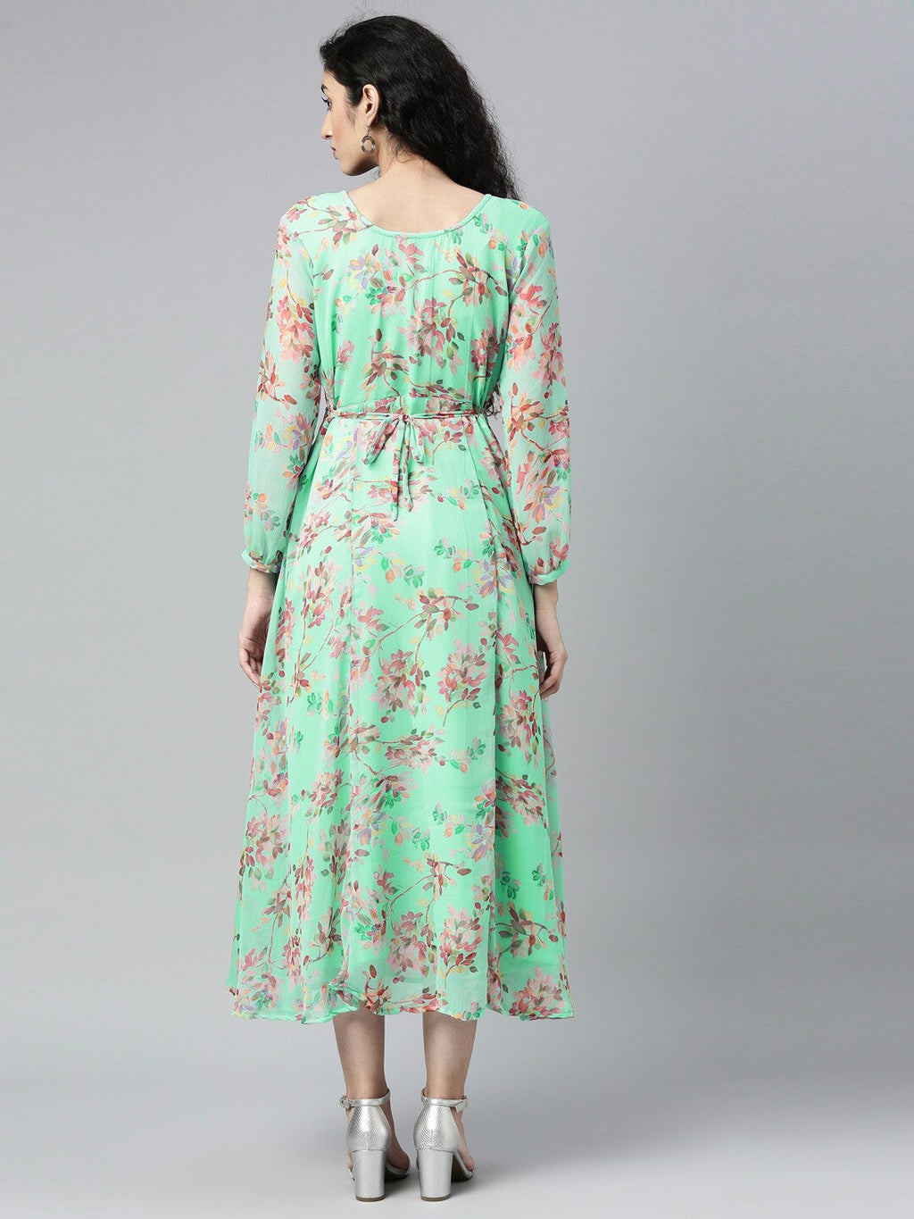 Souchii Sea Green Floral Chiffon Maxi Dress