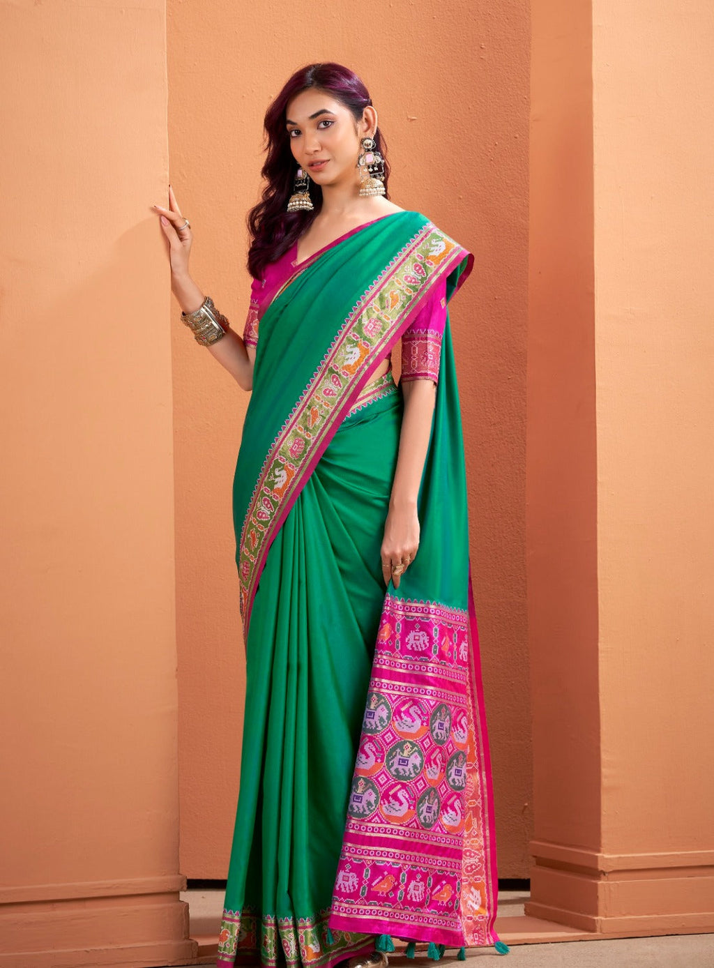 Anaita Green Silk Zari Weaving With Classic Patola Saree With Blouse