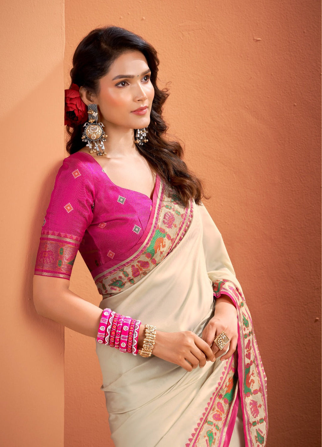 Anaita Beige Silk Zari Weaving With Classic Patola Saree With Blouse