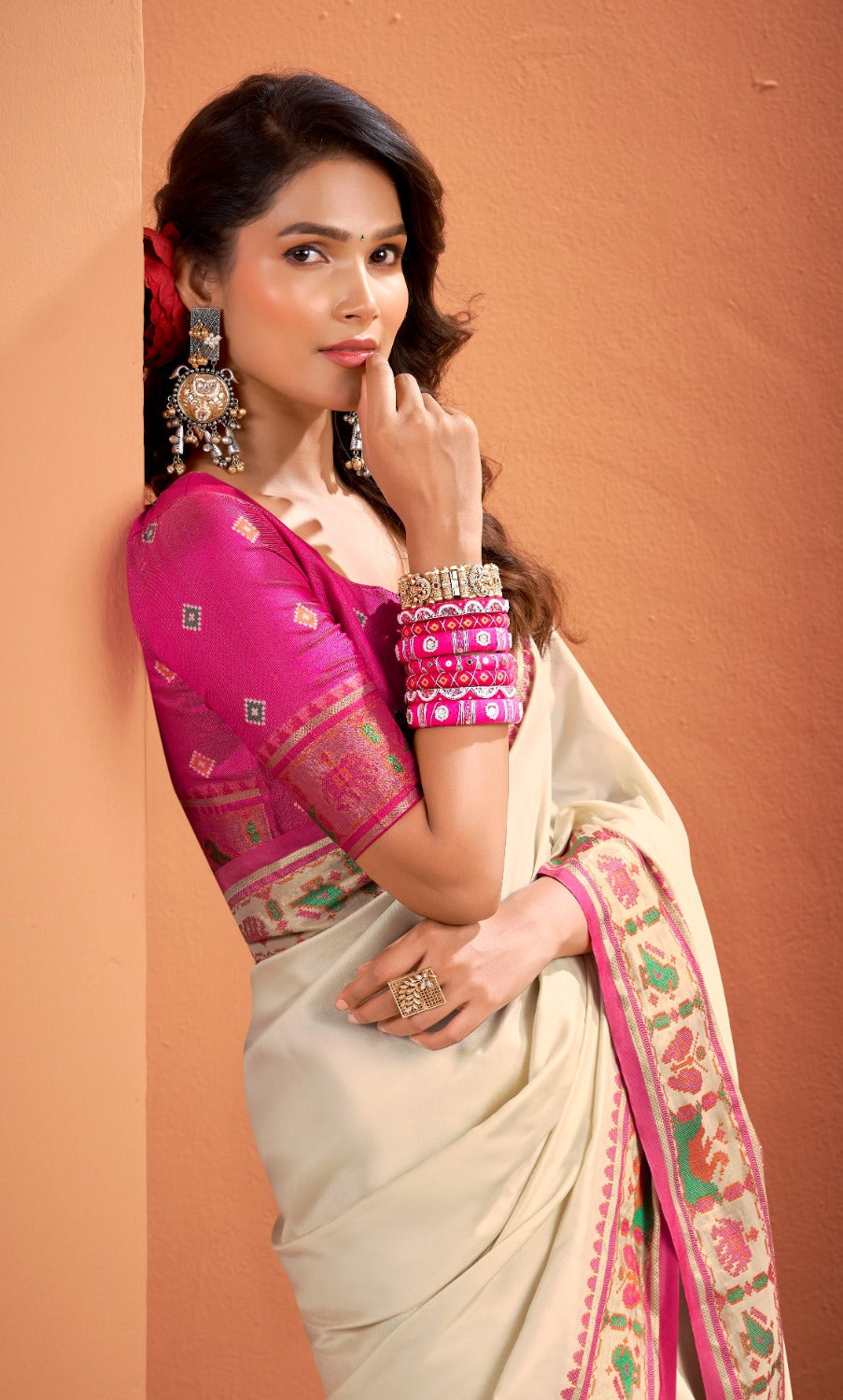 Anaita Beige Silk Zari Weaving With Classic Patola Saree With Blouse