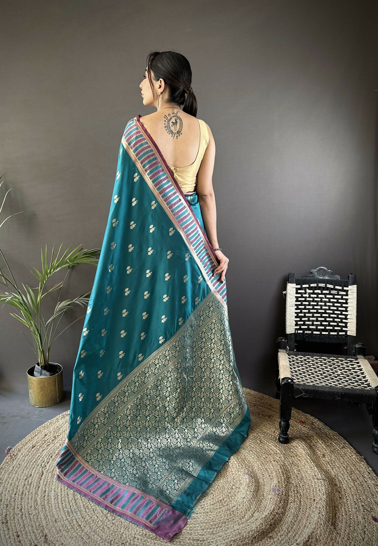 Joban Fashion Teal Blue Woven Zari Motifs Lichi Silk Banarasi Silk Saree