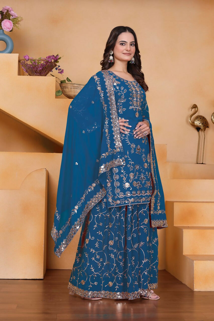 Teeya Creation Blue Color Faux Georgette Embroidery Work Wedding Wear Palazzo Set