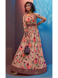 Myra Peach Natural Crepe Printed Embroidered Gown
