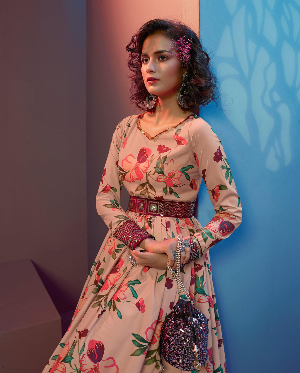 Myra Peach Natural Crepe Printed Embroidered Gown