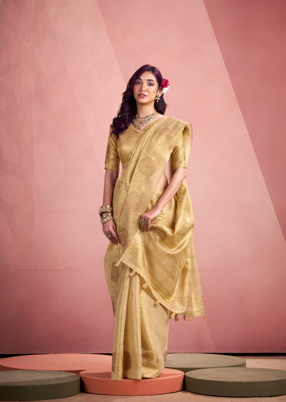 Anaita Beige Silk Tissue Zari Weaving Work Saree With Blouse Piece