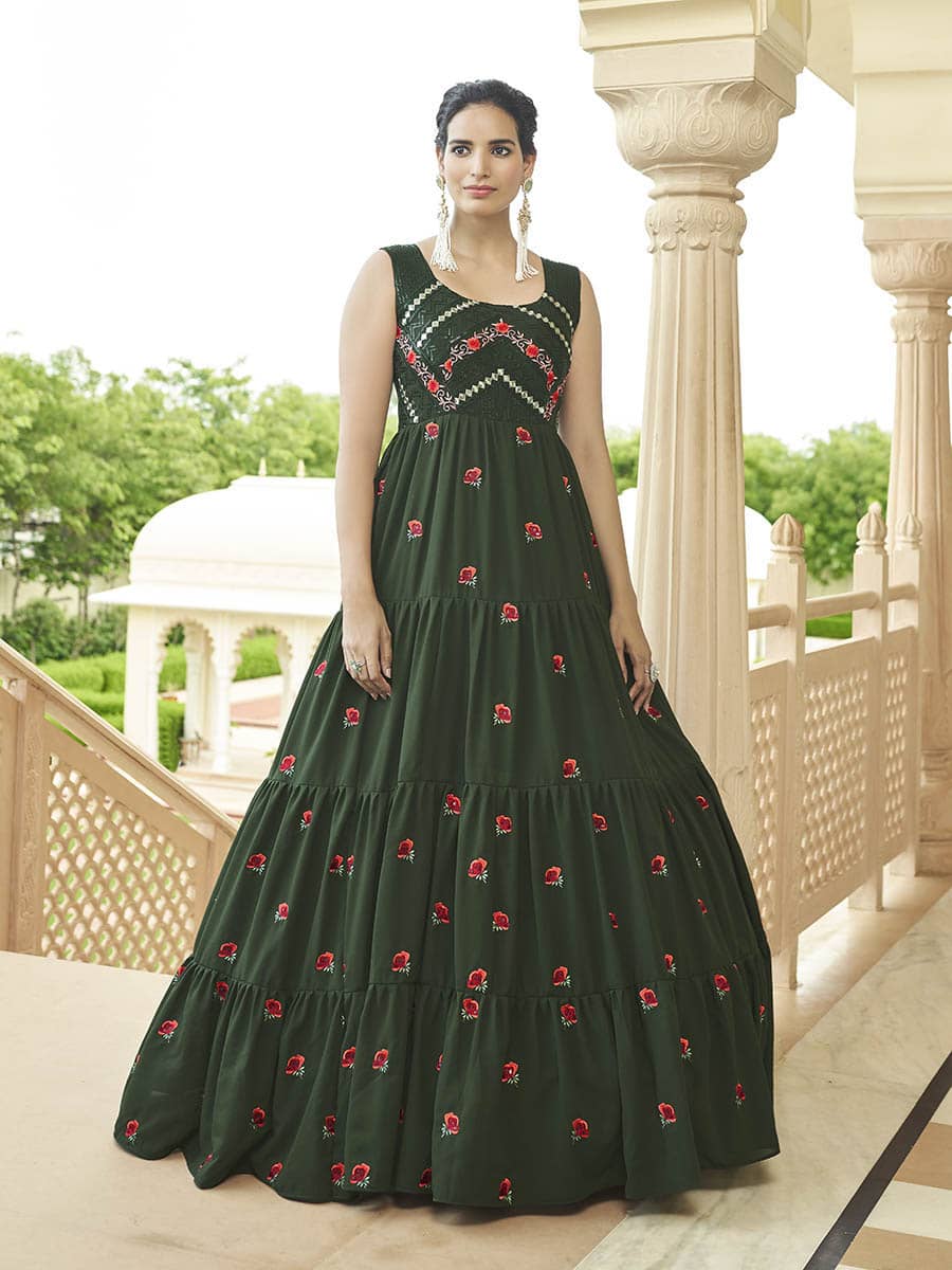 Myra Olive Green Georgette Embroidered Gown