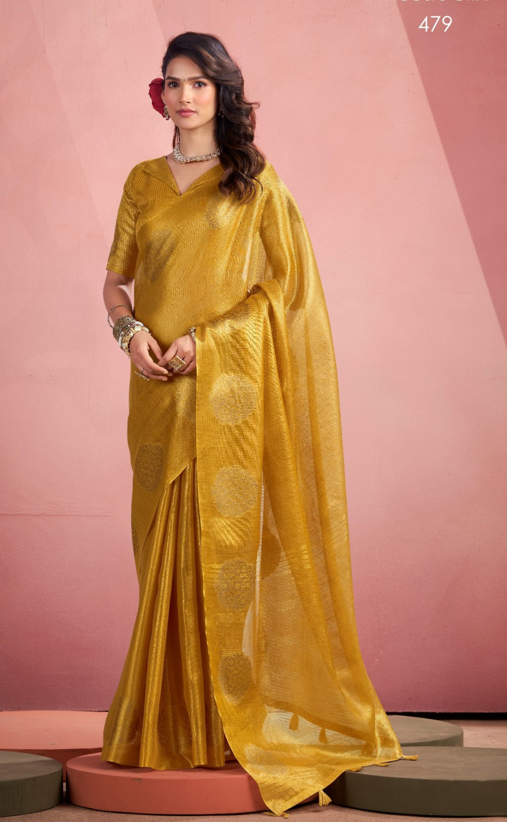 Anaita Mustard Silk Tissue Zari Weaving Work Saree With Blouse Piece