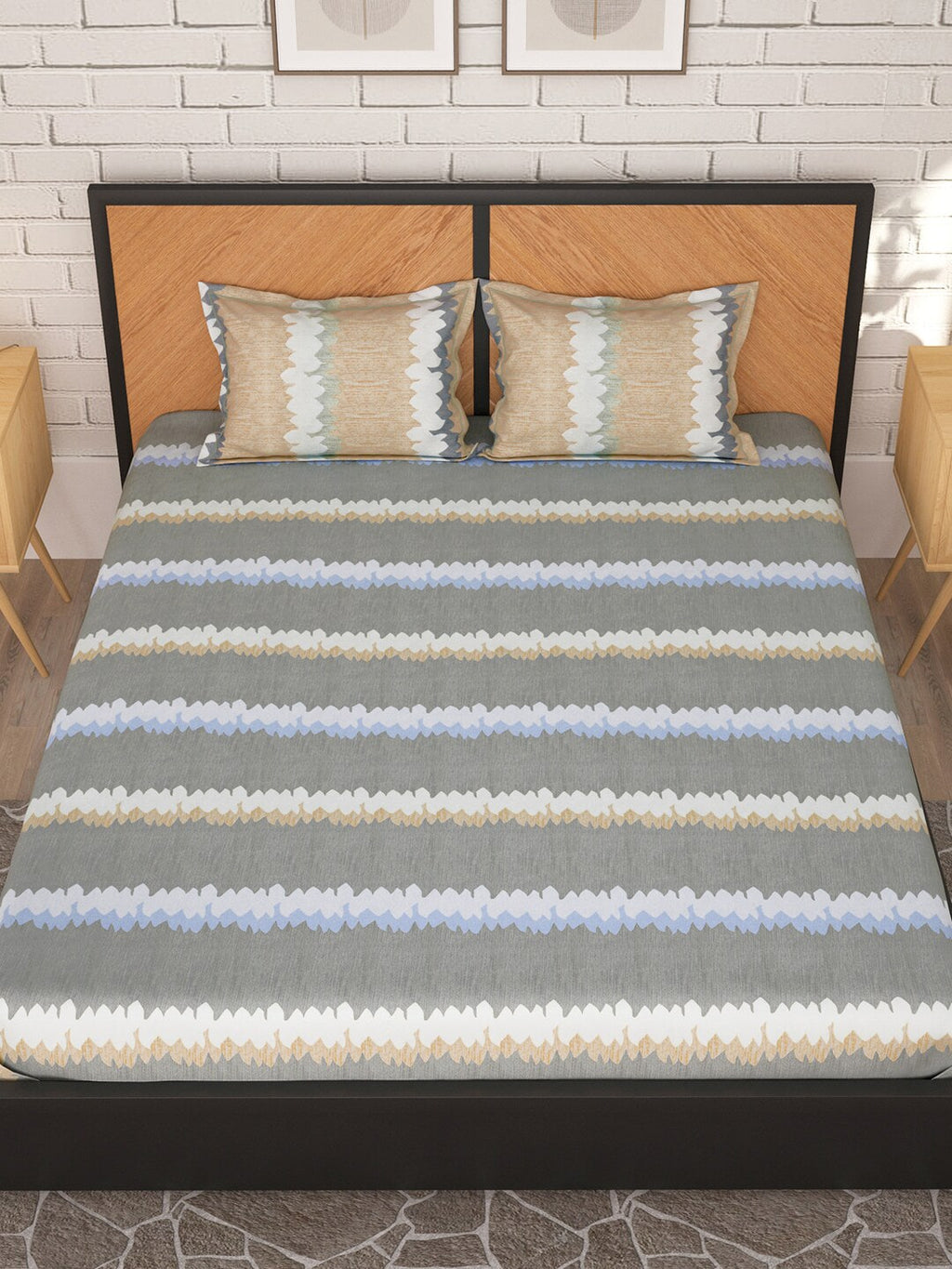 Story@home Grey & Peach-Coloured Striped 180 TC Queen Bedsheet With 2 Pillow Covers