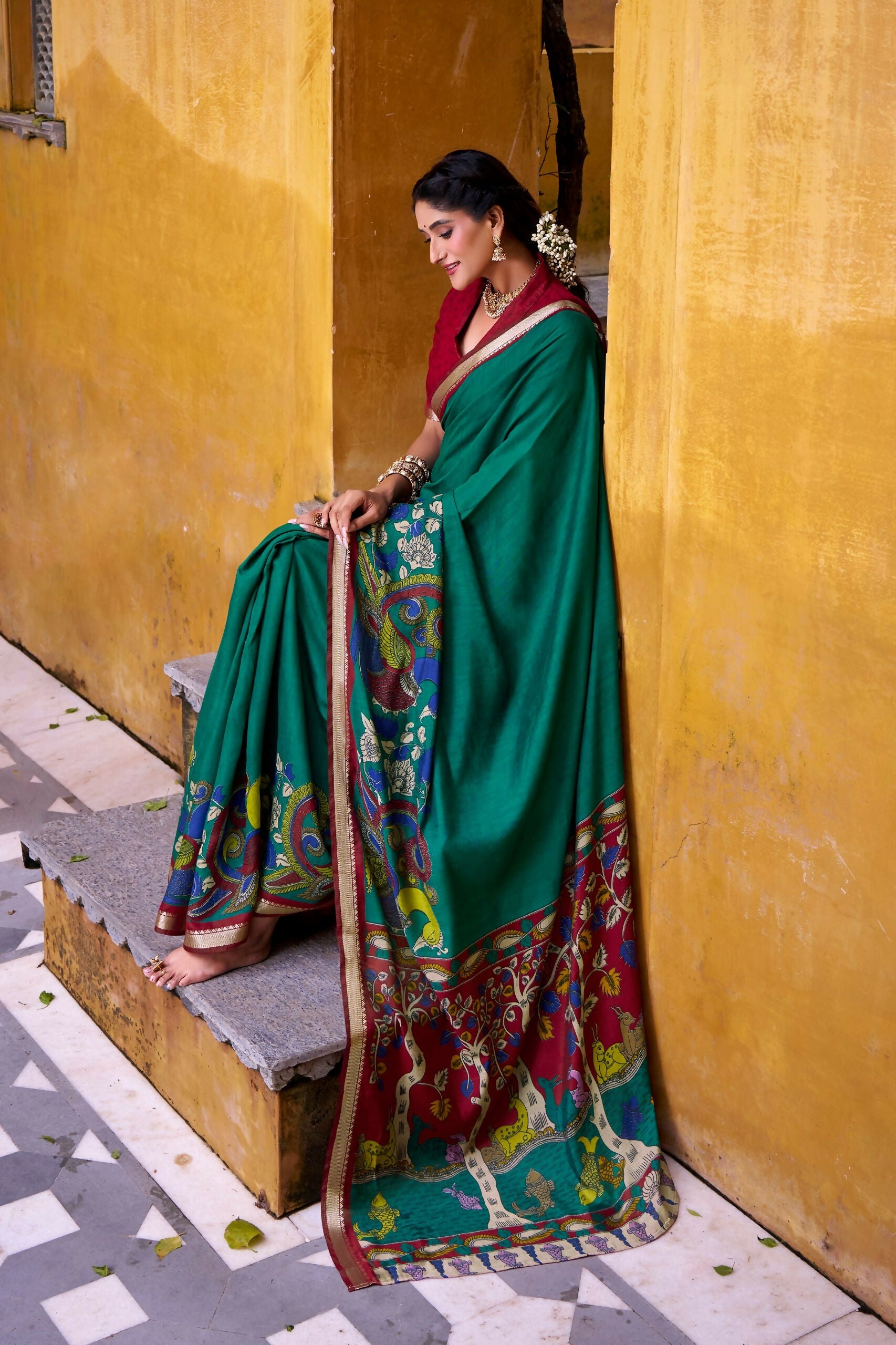 Vastranavya Firozi Viscose Chanderi Kalamkari Print with Zari Working Saree & Unstitched Blouse