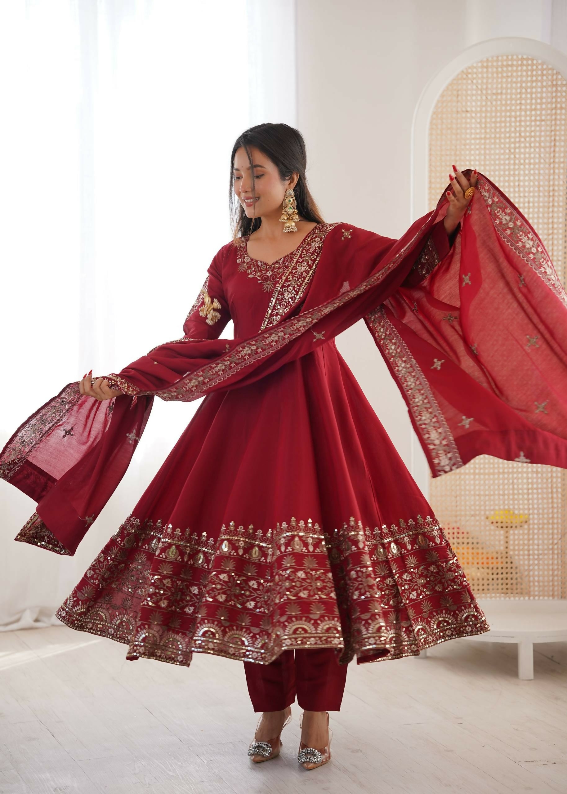 Teeya Creation Maroon Roman Silk Embroidery Work Party Wear Long Gown