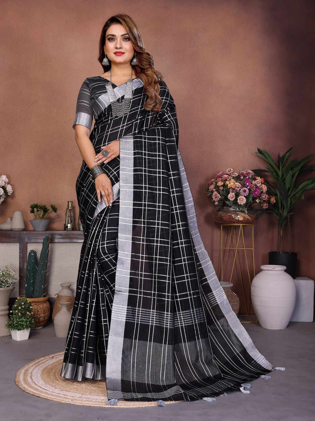 Anaita Black Weaving Linen Cotton Saree With Blouse