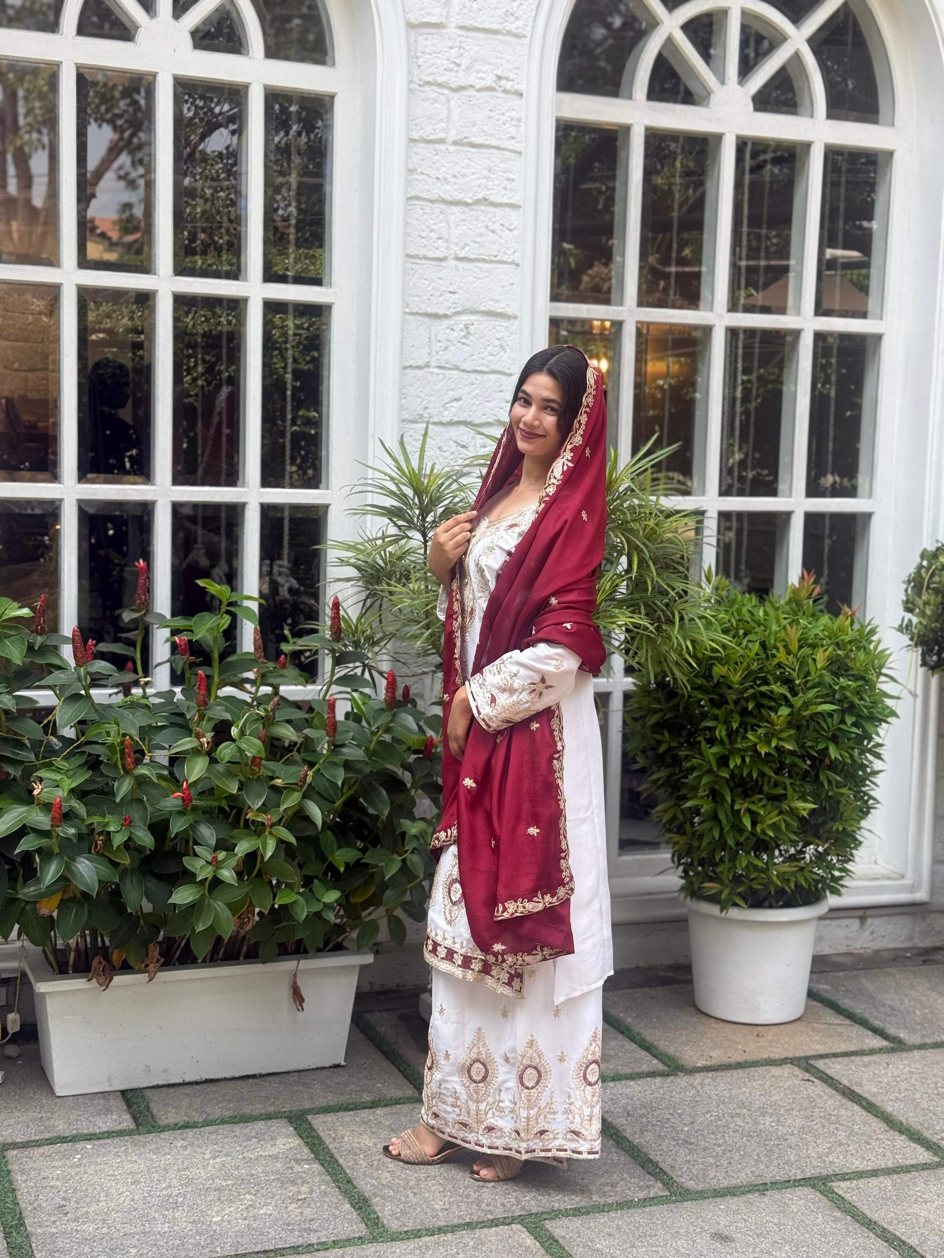 Teeya Creation White Color Chinon Silk Party Wear Trending Palazzo Set