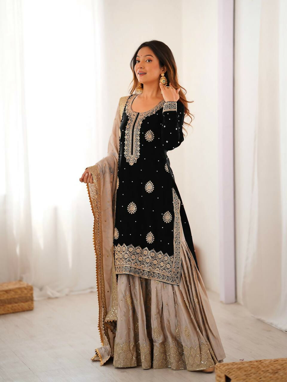 Lehenga Mart Designer Sharara Suit With Kurta, Sharara, Dupatta For Women-Black