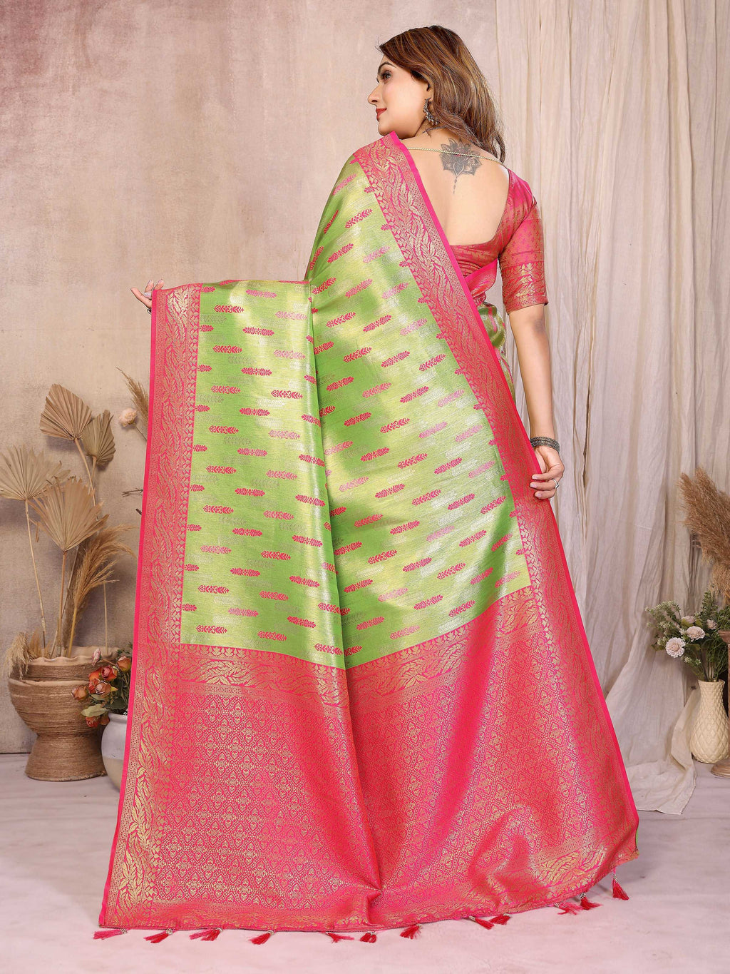Aastha Fashion Pista Green Tissue Silk Paithani Woven Saree