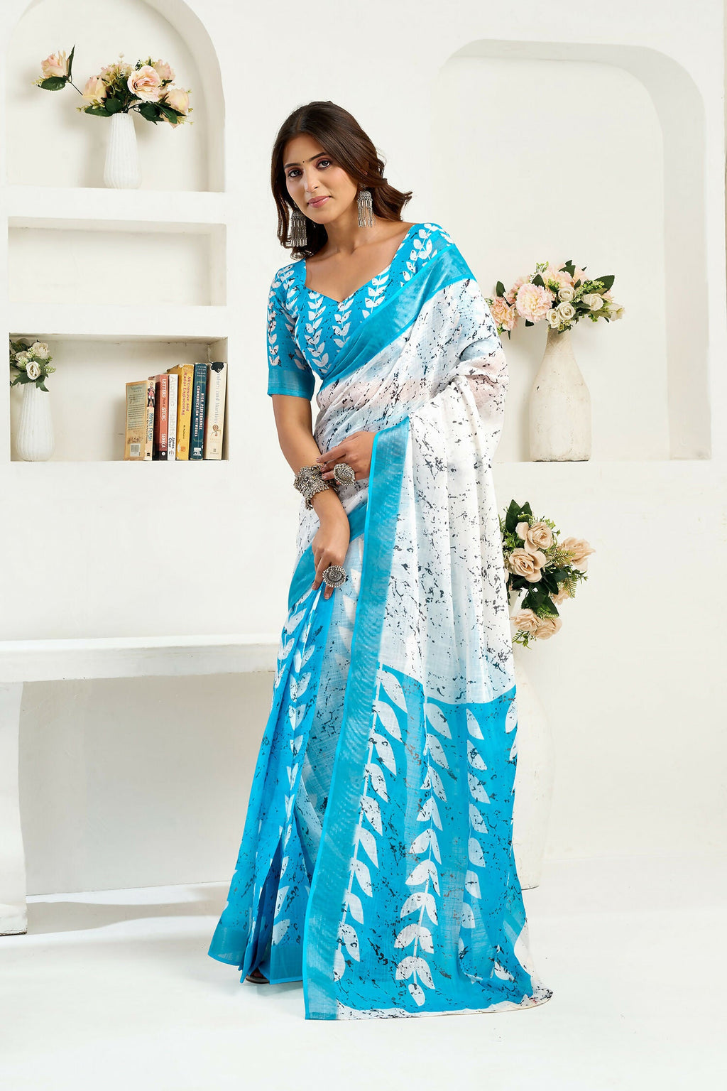 Joban Fashion White Leaf Linen Ready To Wear Saree With Unstitched Blouse