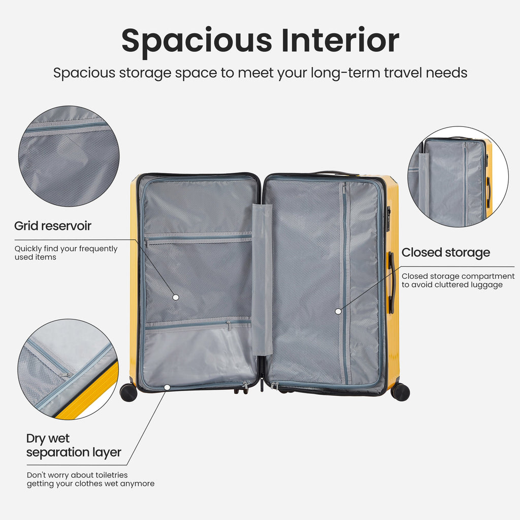 Luggage Set 4 pcs (20"/24"/29"/Travel Bag), PC+ABS Durable Lightweight Luggage with Collapsible Cup Holder TSA Lock, Yellow
