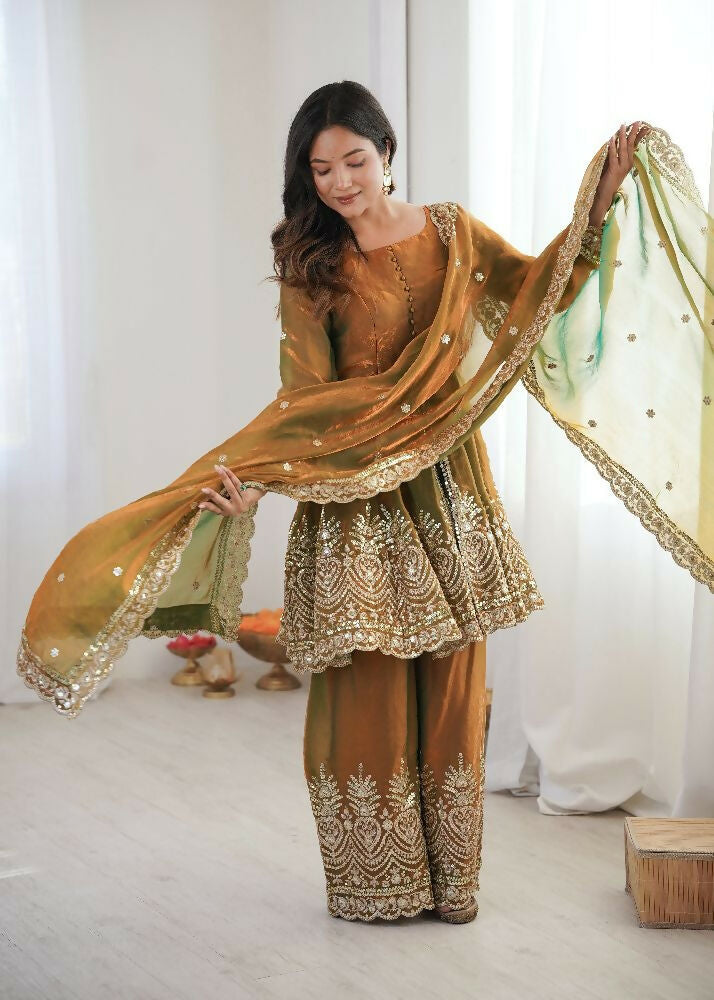 Teeya Creation Olive Color Fendy Satin Silk Embroidery Work Party Wear Salwar Suit