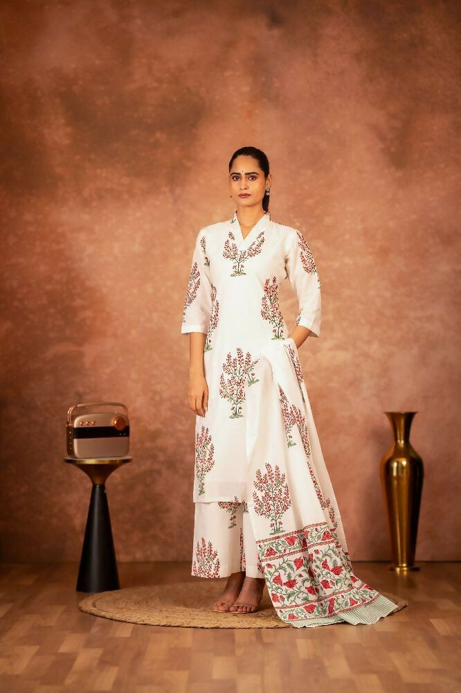 Joban Fashion Off White Pink Hand Block Printed Cotton Suit Set
