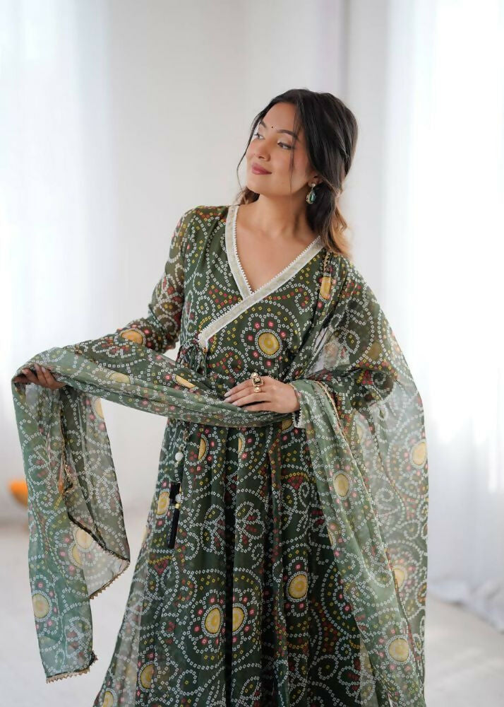 Teeya Creation Green Soft Organza Digital Printed Functional Wear Trending Long Gown
