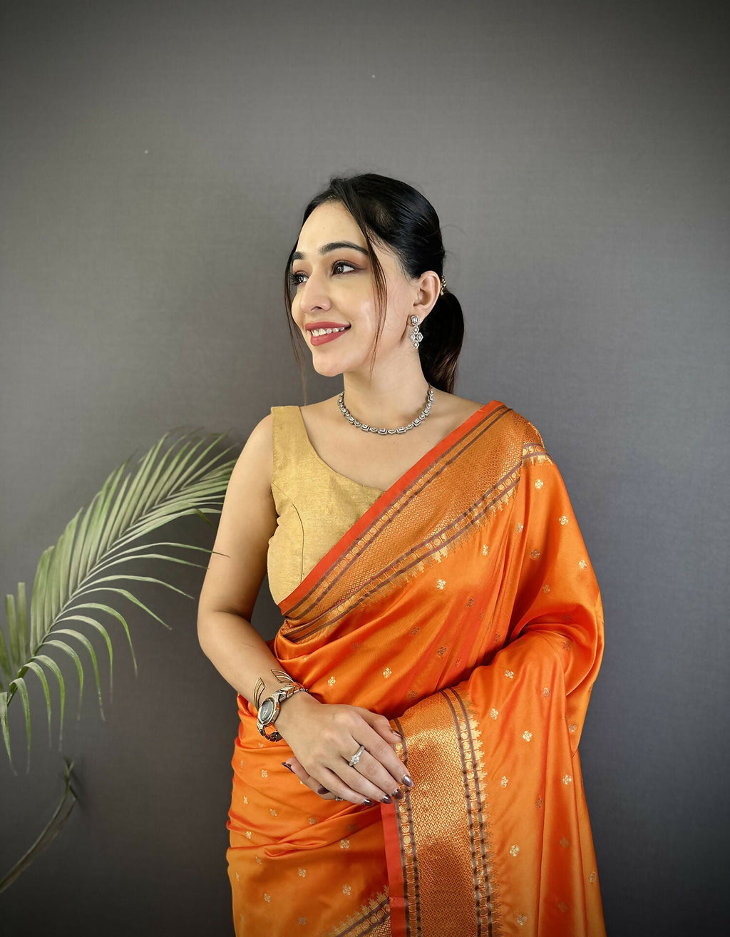 Joban Fashion Orange Butti Woven Soft Lichi Silk Paithani Saree