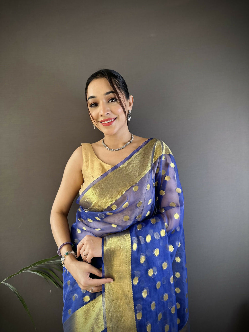 Joban Fashion Royal Blue Polka-Dot Zari Woven Organza Silk Banarasi Silk Saree