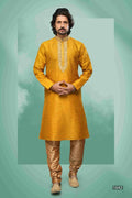 Raivat Ethnic Art Silk Mirror Embroidery Work Kurta Pajama In Mustard Colour