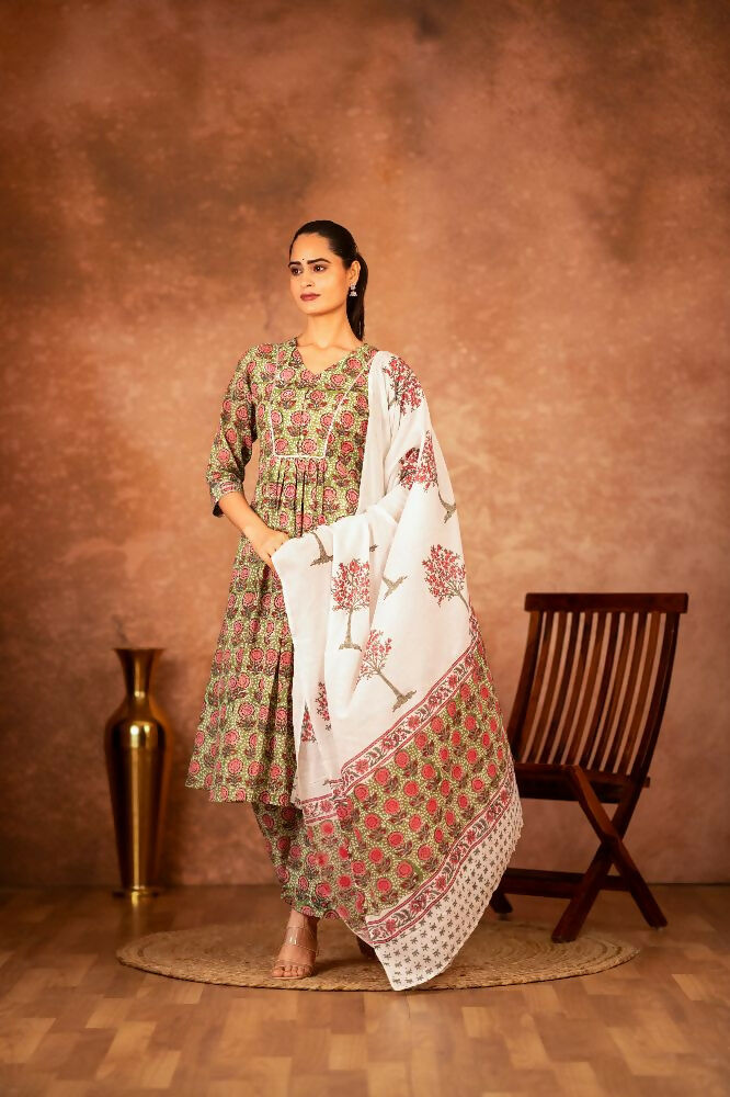 Joban Fashion Green Hand Block Printed Cotton Suit Set