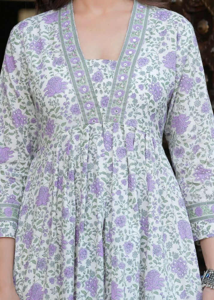 Jaimini Women Cotton Printed V-Neck 3/4 Sleeves Calf Length Flared Kurta Pant And Dupatta Set