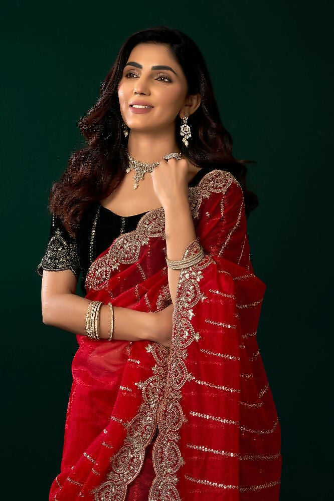Joban Fashion Red Net Party Wear Sarees