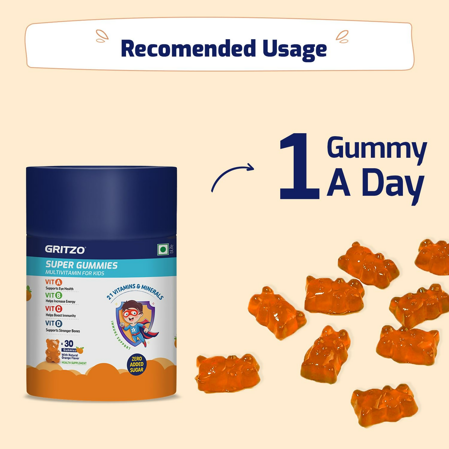 Gritzo Super Gummies, Multivitamin for Kids (Natural Orange Flavour)