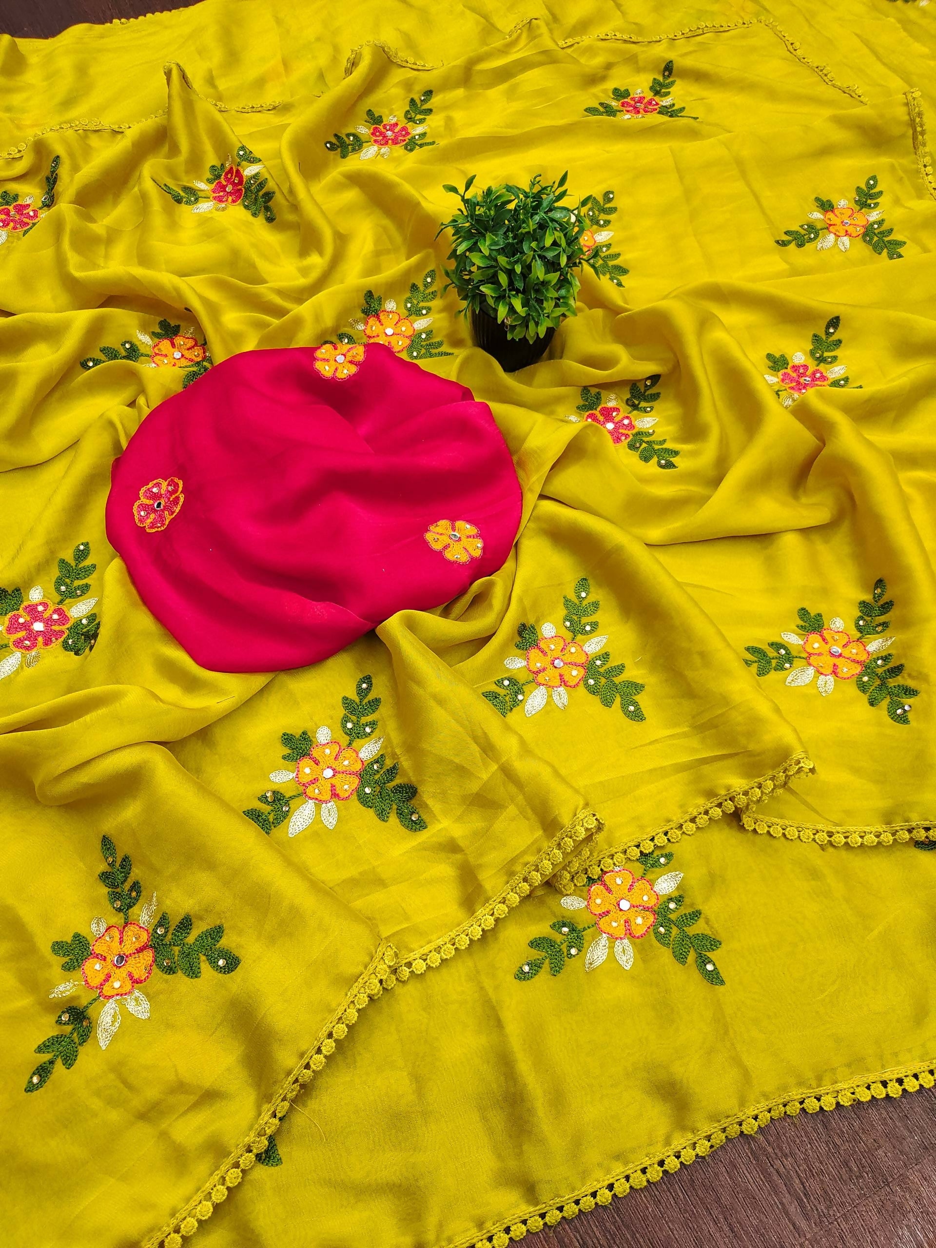 Teeya Creation Yellow Rangoli Silk Embroidery Work Party Wear Designer Saree