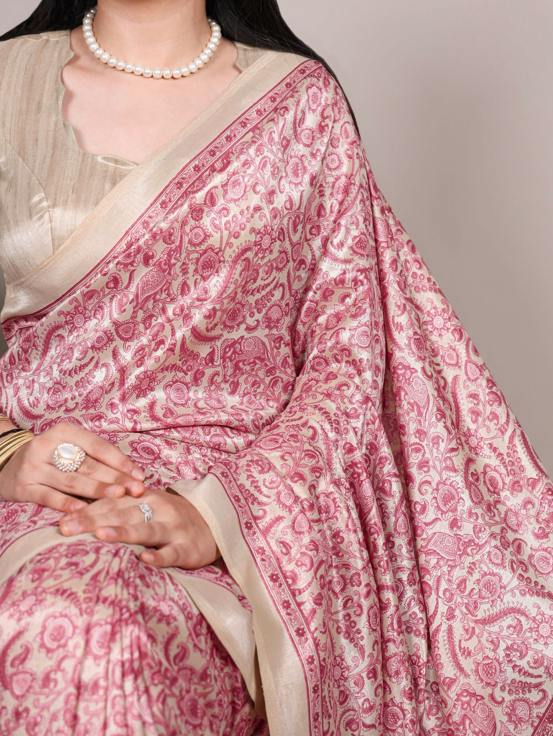 Vastranavya Salmon Tussar Silk Printed Saree with Unstitched Blouse