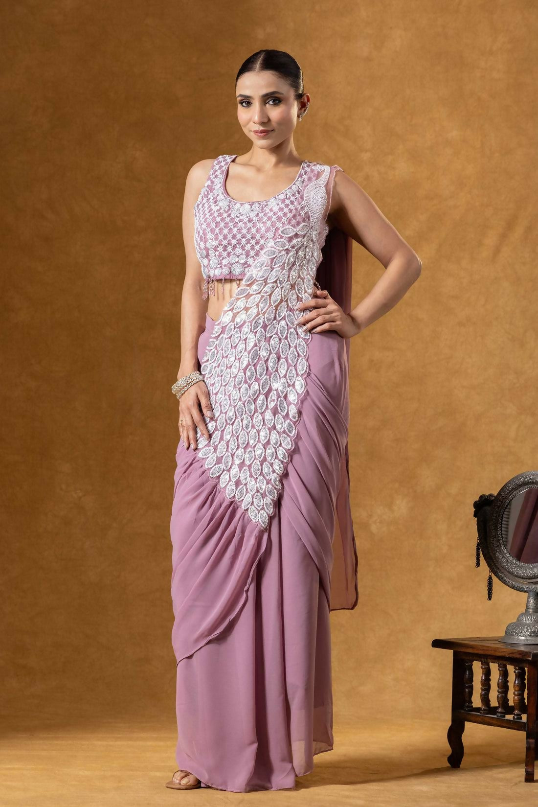 Teeya Creation Onion Color Faux Georgette Embroidery Work Party Wear Ready To Wear Saree
