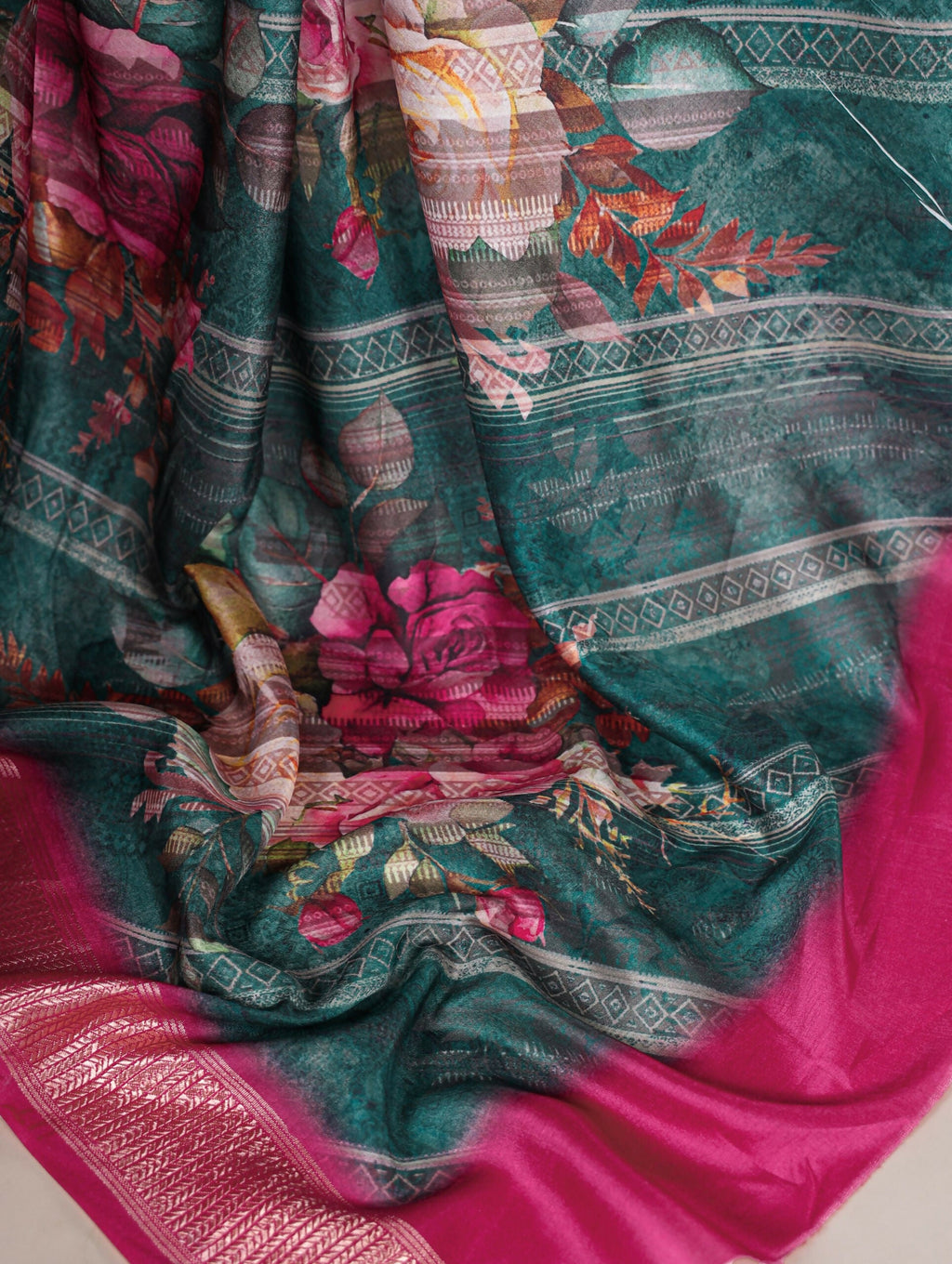 Vastranavya Green Tussar Silk Printed with Viscose Border Saree with Unstitched Blouse