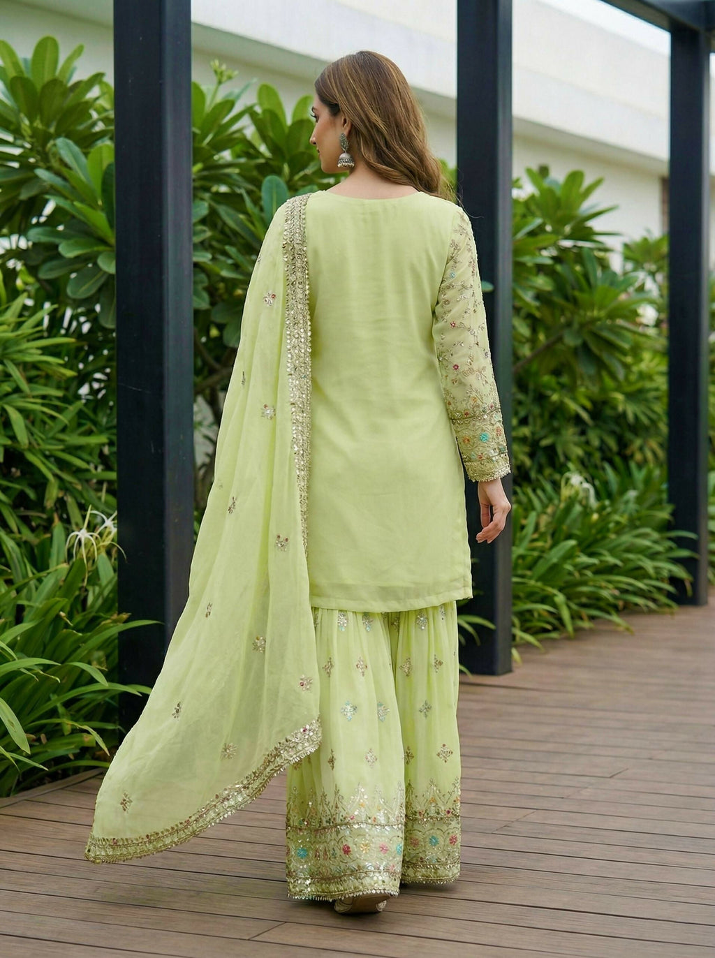 Teeya Creation Pista Faux Georgette Multi Thread Work Wedding Wear Sharara Set