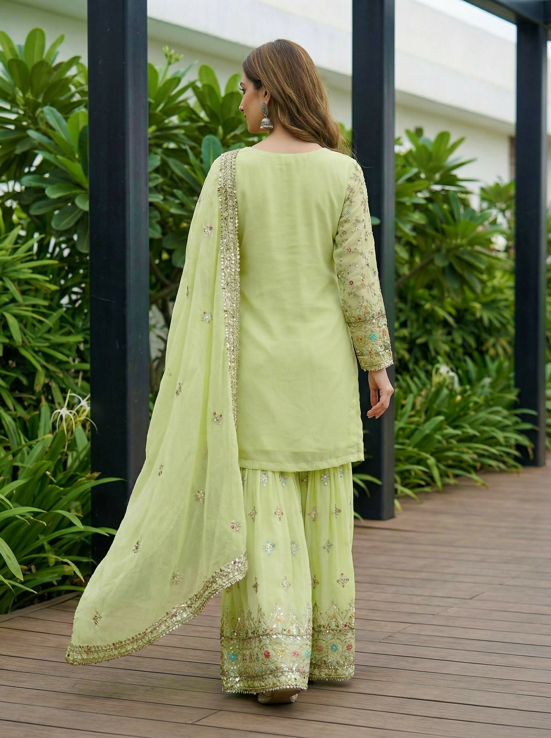 Teeya Creation Pista Faux Georgette Multi Thread Work Wedding Wear Sharara Set